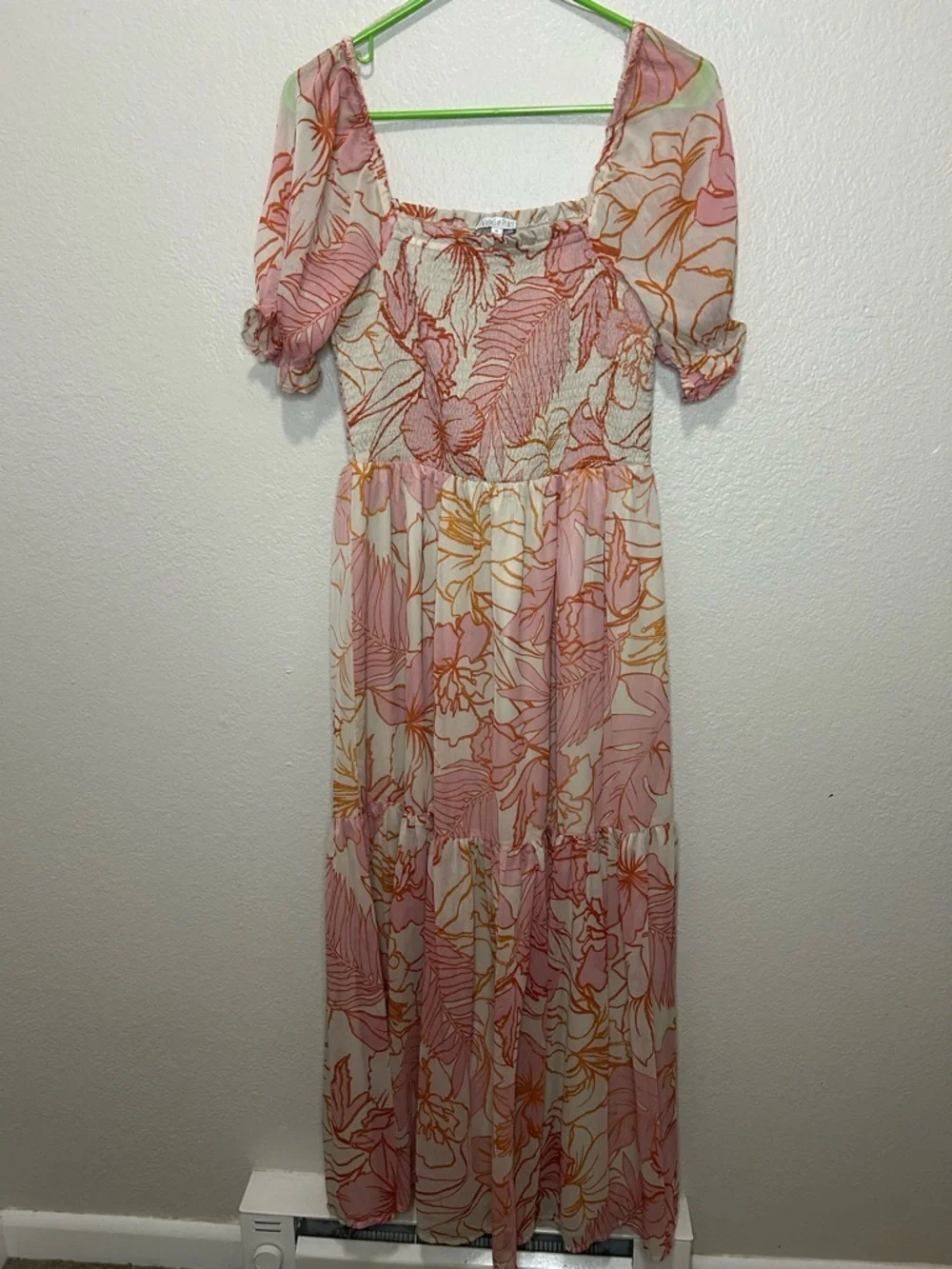 Patrons of Peace Pink Floral Shirred Cottagecore Maxi Dress Puff Sleeve Medium - Picture 3 of 9